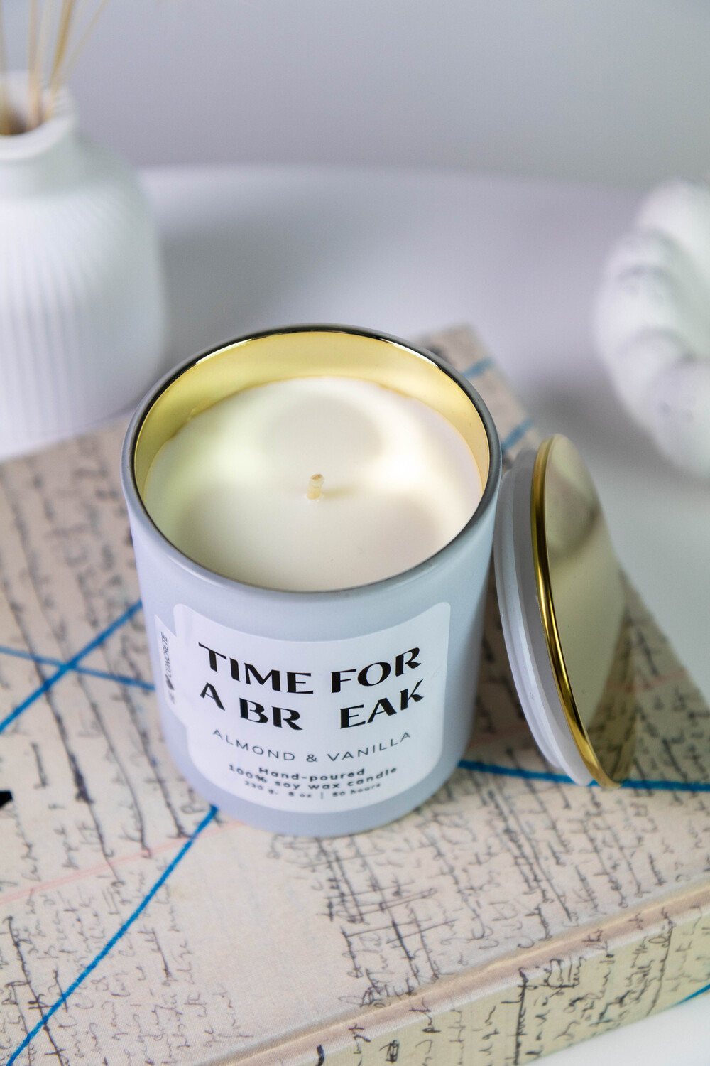 Almond and Vanilla Scented Soy Wax Candle - Time for a Break - Image 5