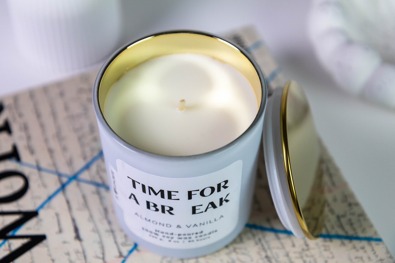 Almond and Vanilla Scented Soy Wax Candle - Time for a Break - Image 2