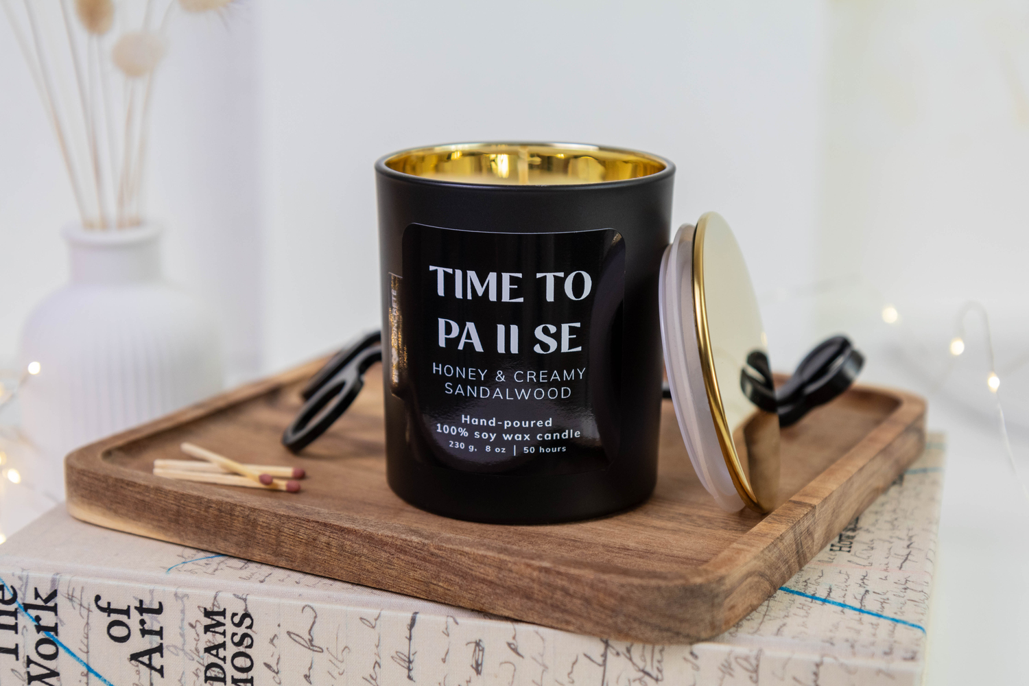 Honey and Sandalwood Scented Soy Wax Candle - Time to Pause - Image 2